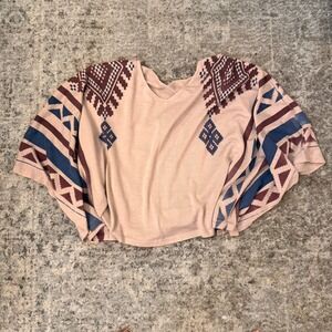 Boho Aztec Geometric Print Top Wool Blend Poncho Style Short Sleeve Pullover M/L